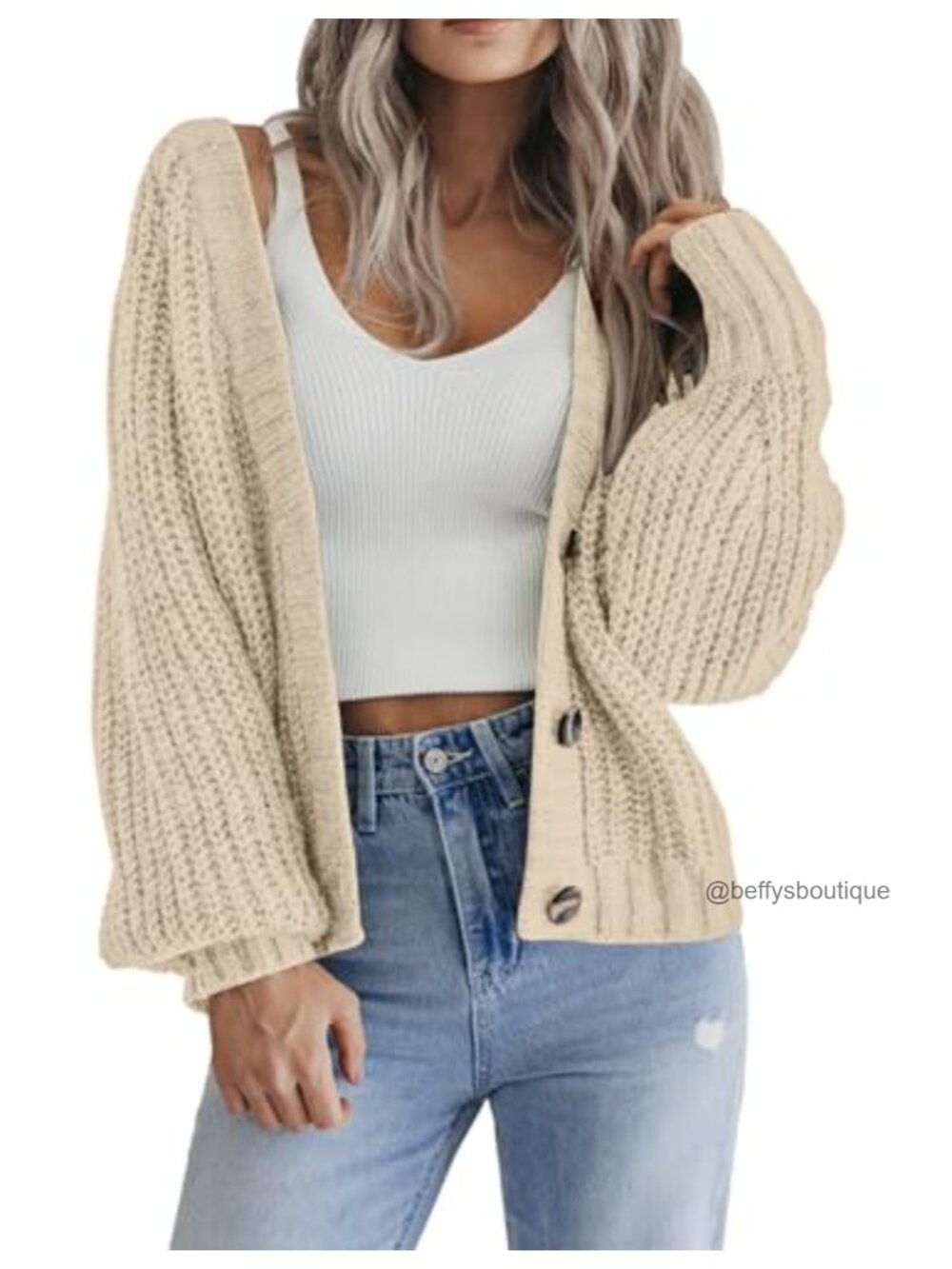 Chunky Knit Button Down V-Neck Cardigan Sweater Long Sleeve Casual Fall